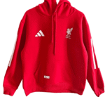 Red Liverpool FC hoodie with team logo and Adidas branding.