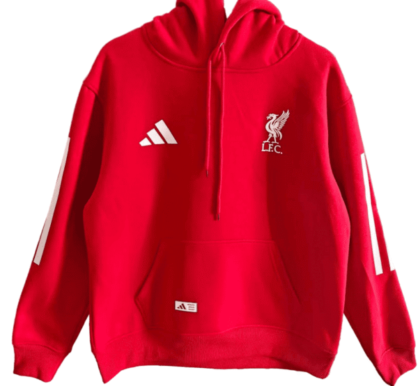 Red Liverpool FC hoodie with team logo and Adidas branding.