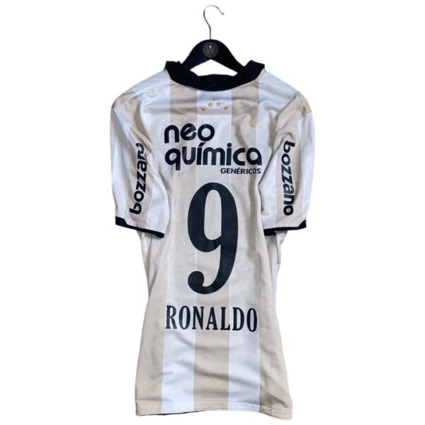 Authentic Corinthians 2010 away football jersey featuring Ronaldo's number 9 and team sponsor logos.