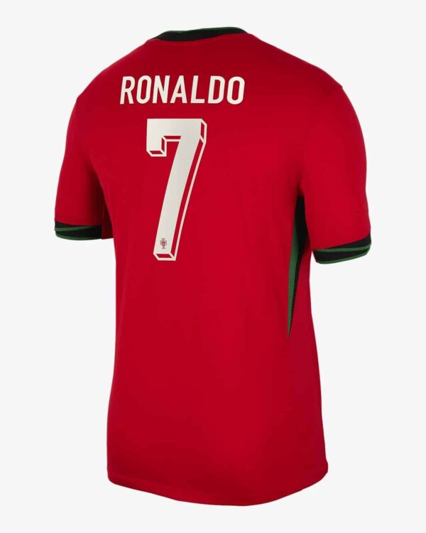 Portugal 2024 home football jersey with Ronaldo's name and number 7. Authentic design for fans and p.