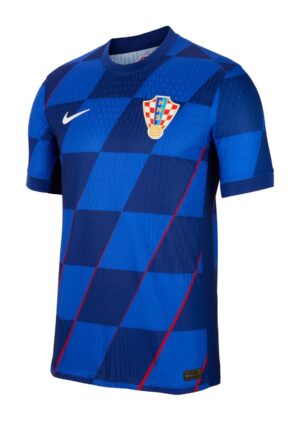 Croatia away football jersey 2024 with checkered blue design and team crest.
