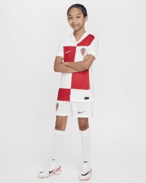 Croatia kids home football kit 2024 with red and white checkered design.