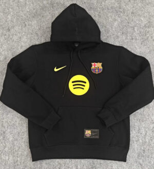 Black FC Barcelona hoodie featuring Spotify logo, Nike swoosh, and club crest, perfect for sports fa.
