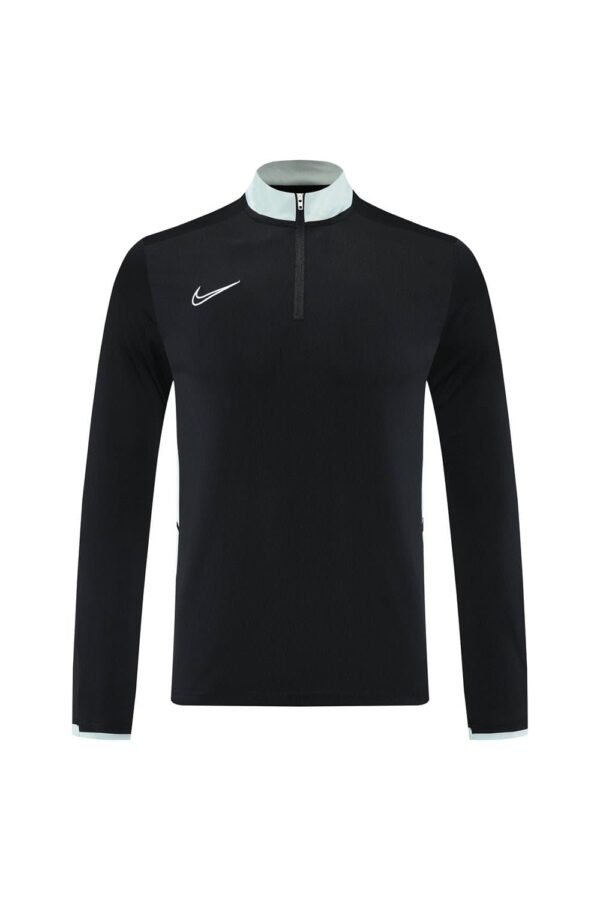 Nike Dri-Fit black athletic tracksuit top with white accents and zip collar.