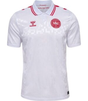 Denmark away football jersey 2024/25 with red accents and team crest.