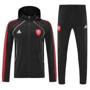High-quality black football jacket and pants set with red and white accents, perfect for sports and.
