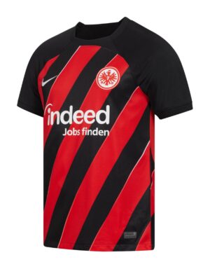 Official Eintracht Frankfurt 2023/24 home football jersey with red and black stripes.