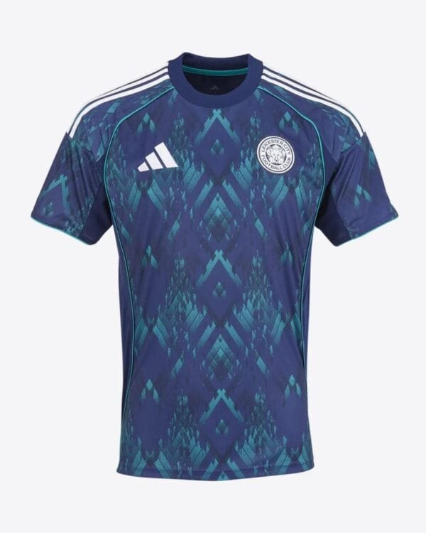 Leicester City away football jersey 2025/26 with modern geometric design, Adidas logo, and team cres.