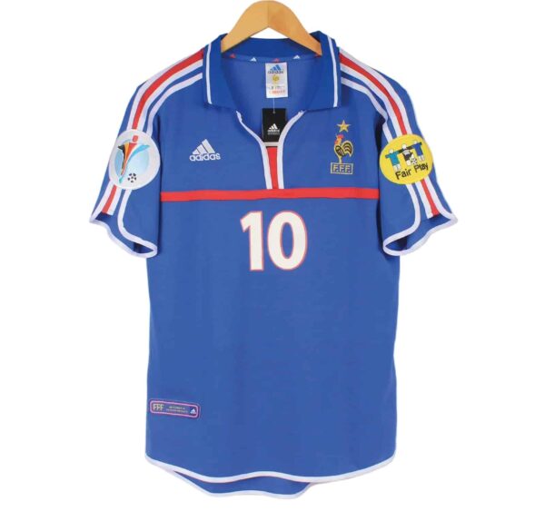 France 2000 EURO Cup home football jersey, authentic Adidas replica, blue with white and red accents.