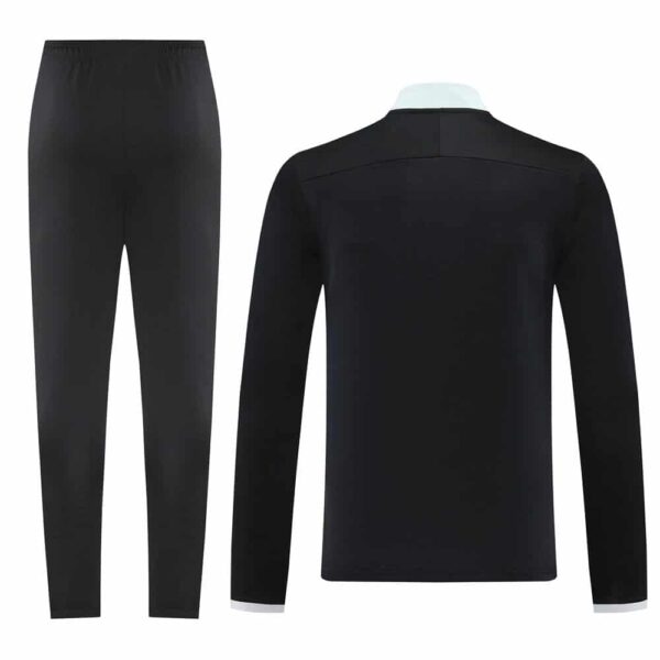 Black Nike Dri-Fit tracksuit with matching pants and jacket for athletic comfort.