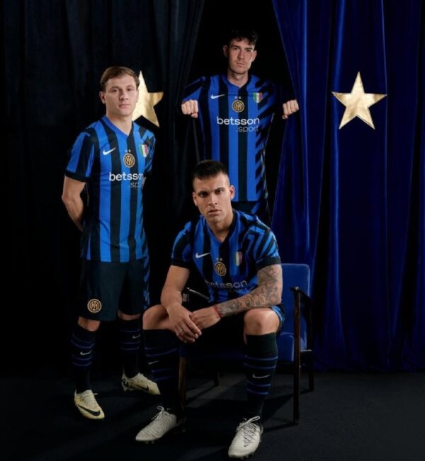 Official Inter Milan 2024/25 home football jersey with blue and black stripes.