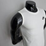 Nike Cut Sleeveless Shirt in White with Black Nike logo.