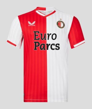 Feyenoord 23/24 home jersey with red and white vertical stripes, featuring club crest and sponsor lo.
