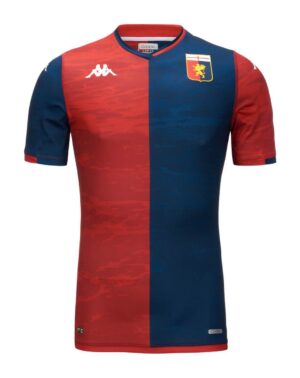 Genoa FC 2023/24 home football jersey with red and blue vertical stripes, featuring team crest and K.
