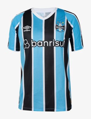 Official Gremio 2024 home jersey with blue, black, and white stripes for football fans.
