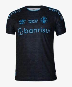 Gremio third football jersey 2023/24 with black and blue design, featuring sponsor logos and team cr.