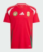 Hungary national football team home jersey 2024, red with green and white accents.