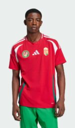 Hungary national football team home jersey 2024, red with white and green accents, official Adidas l.