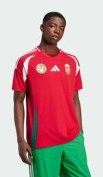 Hungary national football team home jersey 2024, red with white and green accents, Adidas logo, and.
