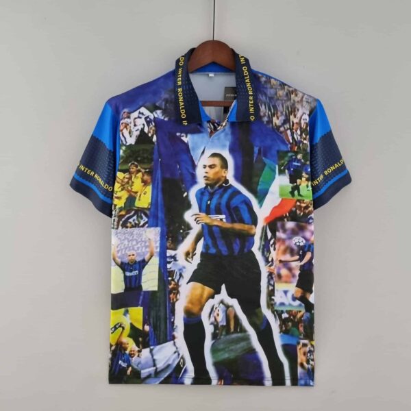 Authentic Inter Milan Ronaldo 97/98 home football jersey, vibrant blue with team and player graphics.