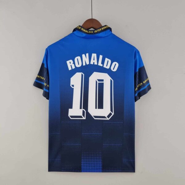 Authentic Ronaldo 10 Inter Milan football jersey, 1997/98 season, vibrant blue design.