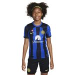 Inter Milan kids home football kit 2023/24 with blue and black stripes, featuring club logos and Nik.