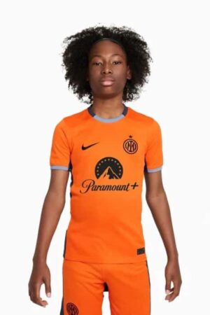 Kids football jersey with Inter Milan logo and Paramount+ sponsor, 2023/24 third kit for young fans.