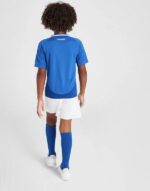 Youth Italy national football team home kit 2024/25 for kids, featuring blue jersey, white shorts, a.