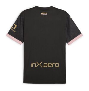 Palermo F.C. away football jersey for 2024/25 season, black with pink accents and sponsor logos.