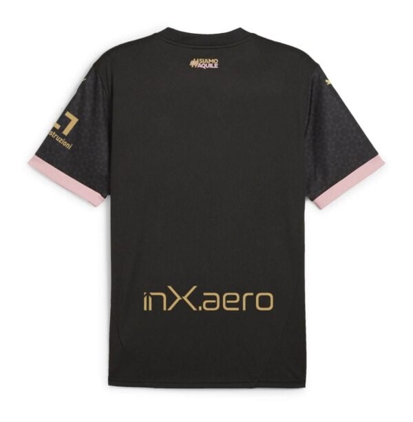 Palermo F.C. away football jersey for 2024/25 season, black with pink accents and sponsor logos.