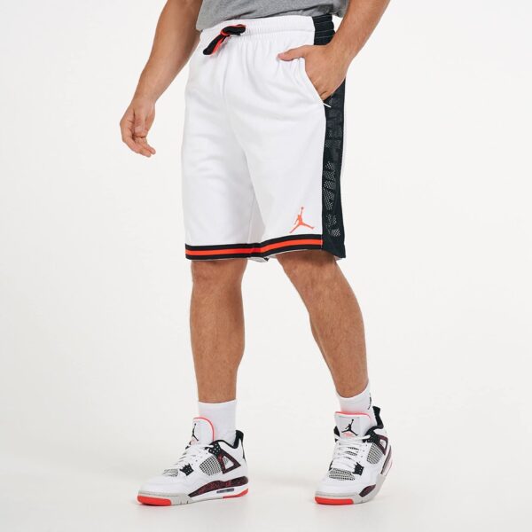 White Jordan basketball shorts with black and red accents, stylish sportswear for men.