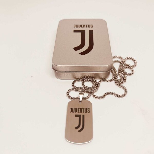 Juventus logo necklace with dog tag pendant, stylish sports jewelry for football fans.