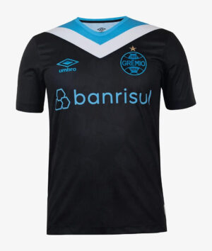 GREMIO third football jersey 2024/25 with black and blue design, official club logo, and sponsor det.