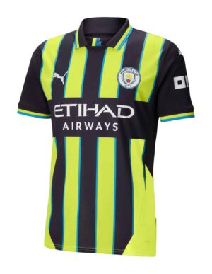 Manchester City away football jersey 2024/25 with neon yellow and navy blue stripes.