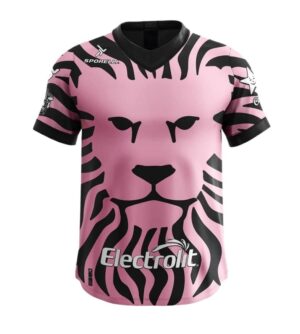 Pink and black Leones Negros football jersey with lion face design.