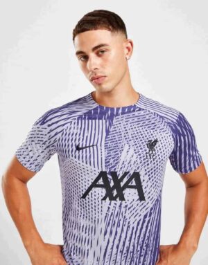 Pre-Match football kit for 2022/23 season, purple and white design, featuring Liverpool FC logo and.