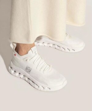 White LOEWE x On Cloudtilt running shoes with innovative cushioning.