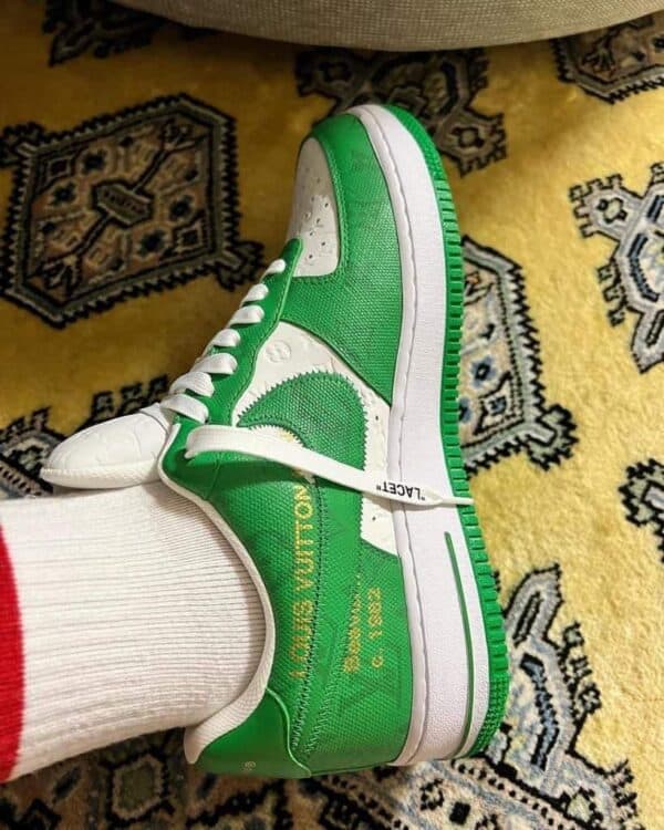 LV x Nike Air Force 1 Low white green sneakers with stylish design.