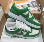 Authentic green and white Nike Air Force 1 Low sneakers with LV collaboration.