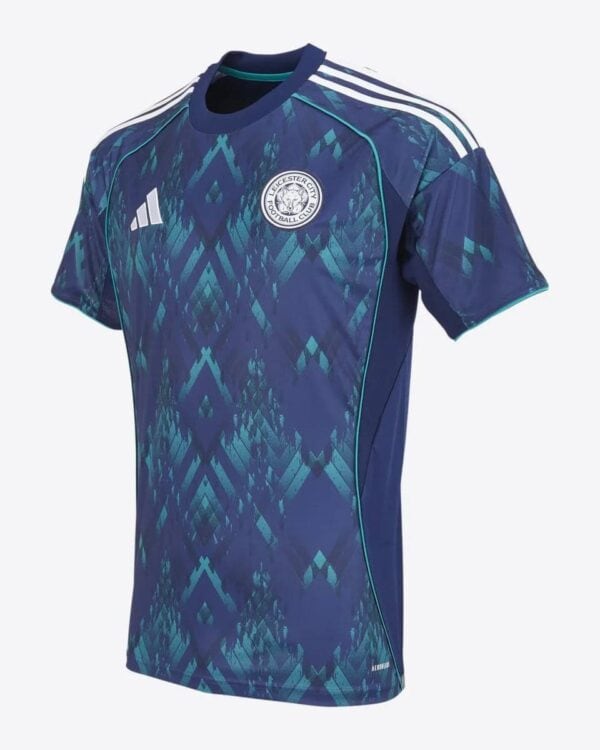 Leicester City away football jersey 2025/26, authentic blue kit with modern design.