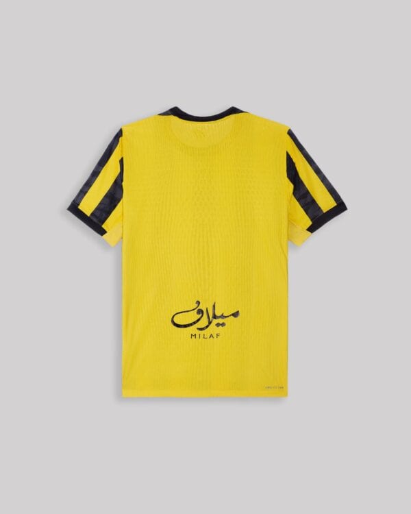 Al-Ittihad 2025/26 home jersey with yellow and black design, featuring player name and sponsor logo.