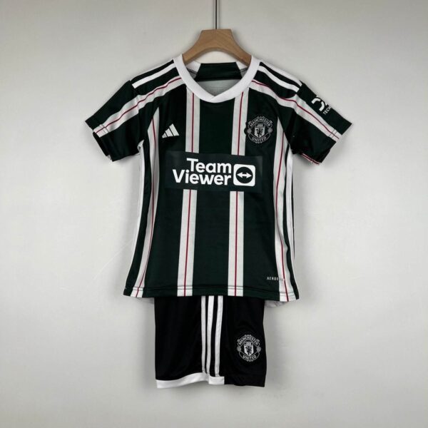 Kids Manchester United away football kit 2023/24, black and white design.
