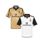 Man United 01/02 away football jersey with Beckham 7, gold and white design, authentic sports appare.