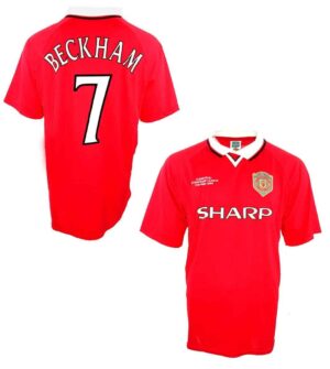 Authentic Manchester United Beckham 7 1999 UCL Champions jersey, red with team crest and sponsor log.
