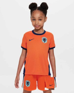 Kids Netherlands 2024 home football kit with orange jersey and shorts.