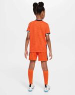Kids Netherlands 2024 home football kit with orange jersey and shorts. Perfect for young fans suppor.