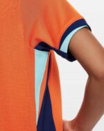 Official Netherlands 2024 kids' home football jersey. Bright orange with blue accents, perfect for y.