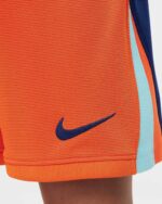 Close-up of Netherlands kids' 2024 home football kit with Nike logo.