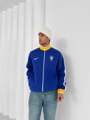 Brazil oversized fleece jacket with padded winter design, blue color, and Brazil crest. Perfect for.