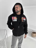 Oversized racing hoodie with Ferrari, Shell, and Marlboro patches, streetwear inspired by F1 racing.